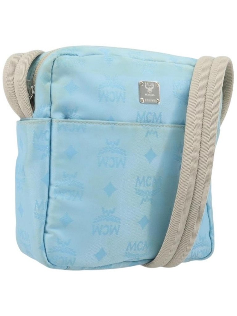 Authentic Mcm Vicetos Logogram Shoulder Bag Nylon Light Blue Silver